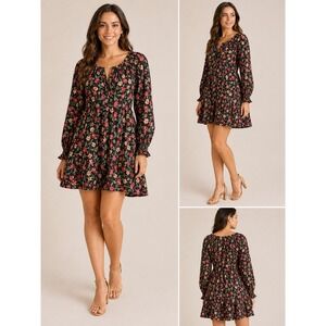 Draper James RSVP Black Floral Rayon Mini Dress Long Sleeve Smocked XL 226029